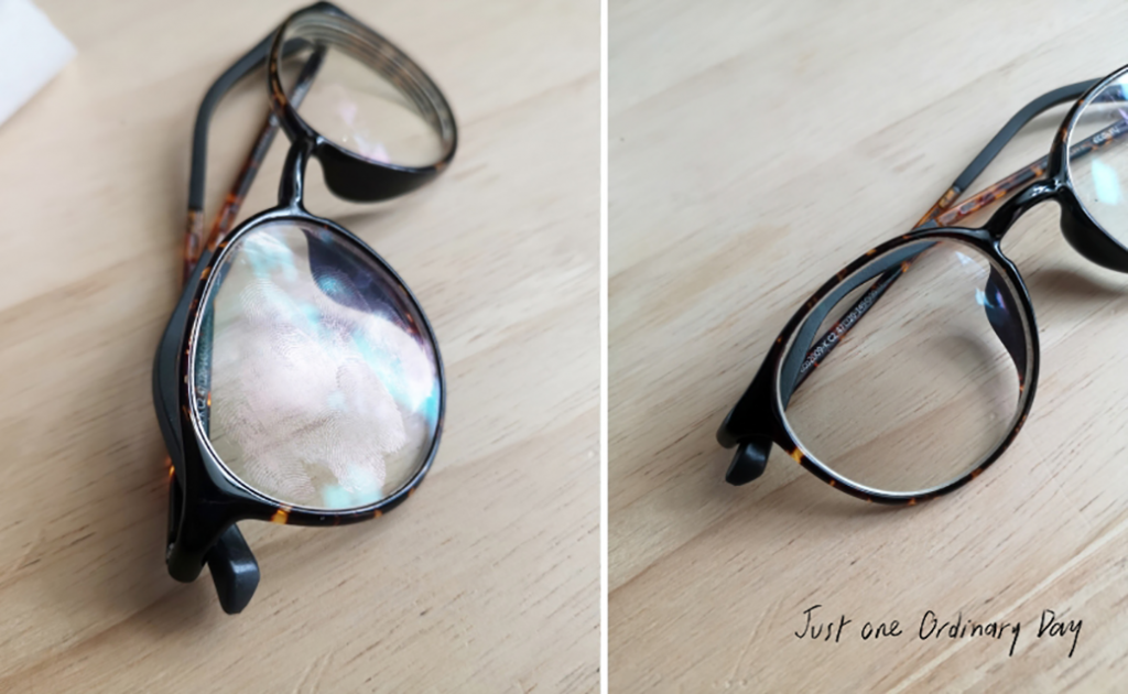แว่นตามีรอยนิ้วมือ กับแว่นตาสะอาดหลังเช็ดด้วยกระดาษเช็ดแว่นตาจาก Muji